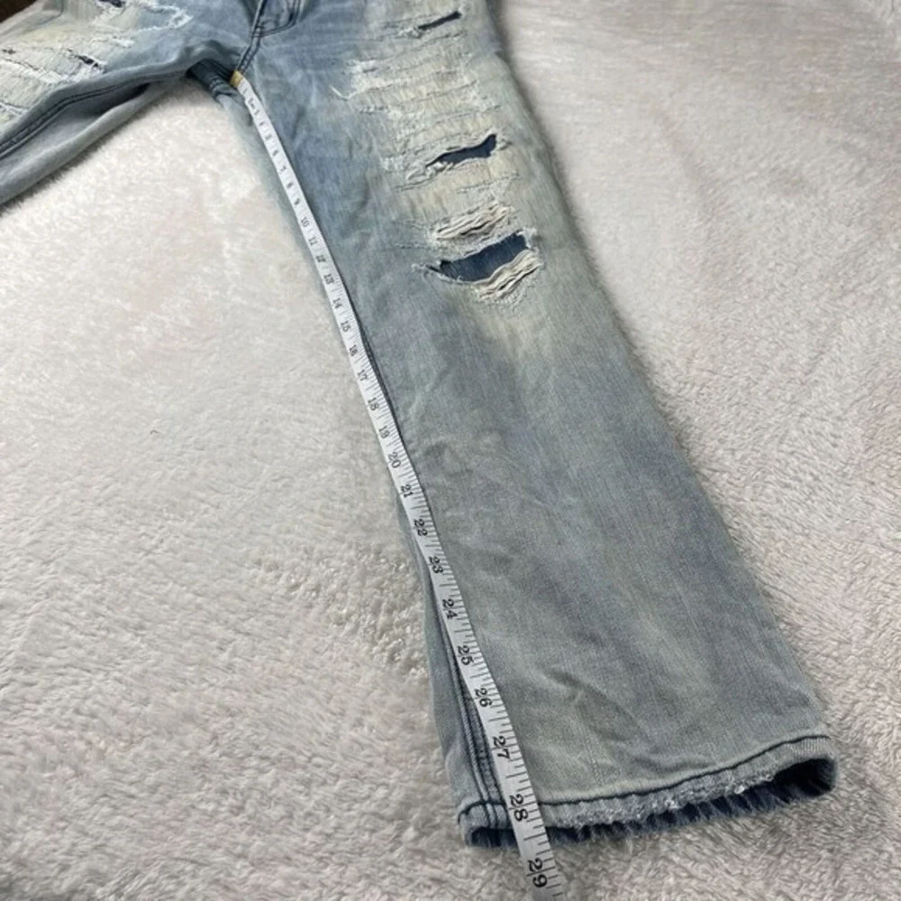 American Eagle Tomgirl Jeans Womens 8 Blue Button Fly‎ Distressed Patched Denim